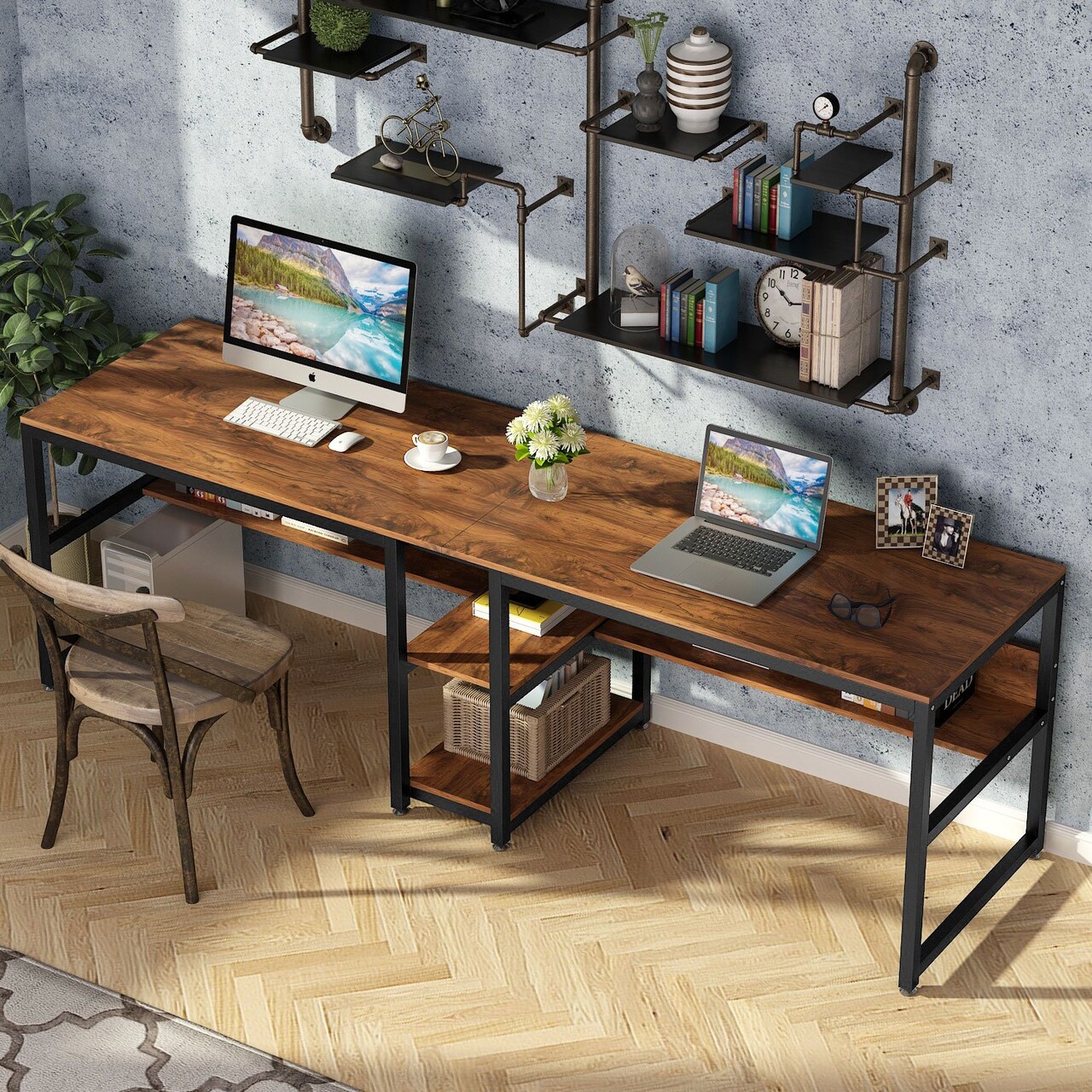 Tribesigns 78 Inch Two Person Desk Rustic Double Workstation With Shelf